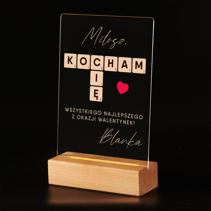 Kocham cię scrabble - Wydruk na szkle akrylowym z podstawką led