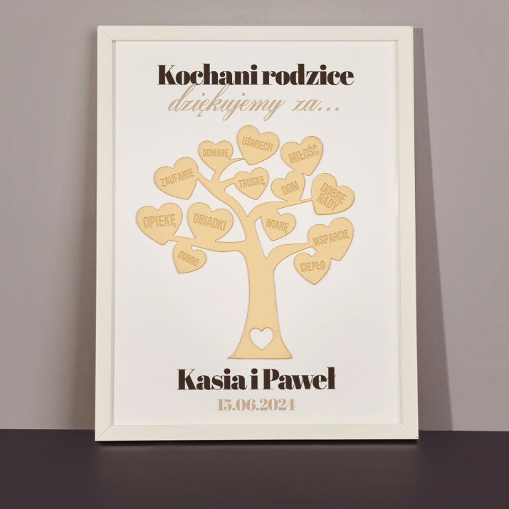Kochani rodzice, dziękujemy za - Złote szkło akrylowe drzewo w ramce