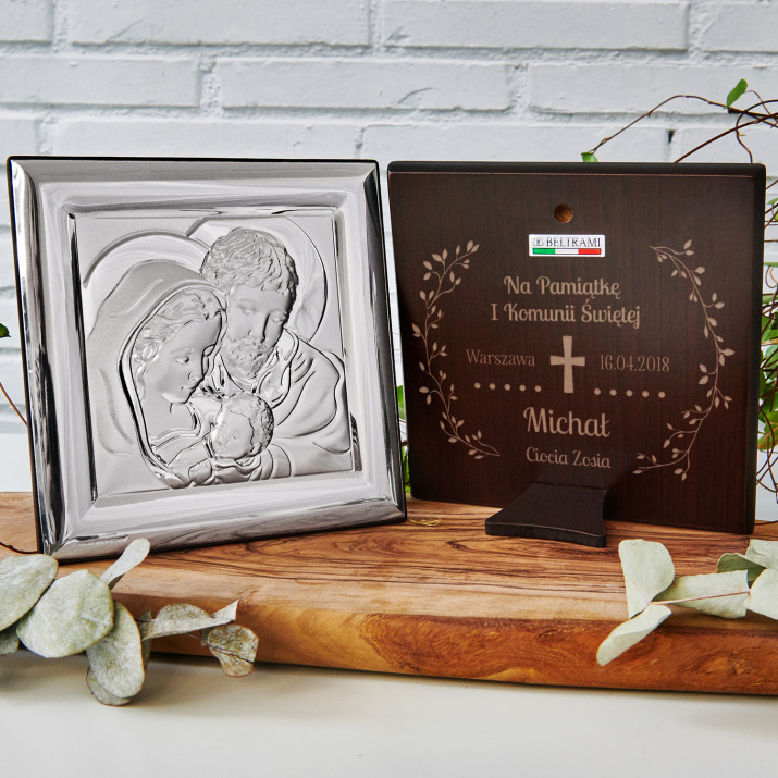Komunia Krzyż - Święta Rodzina - Kwadrat - Srebrny Obrazek z Grawerem