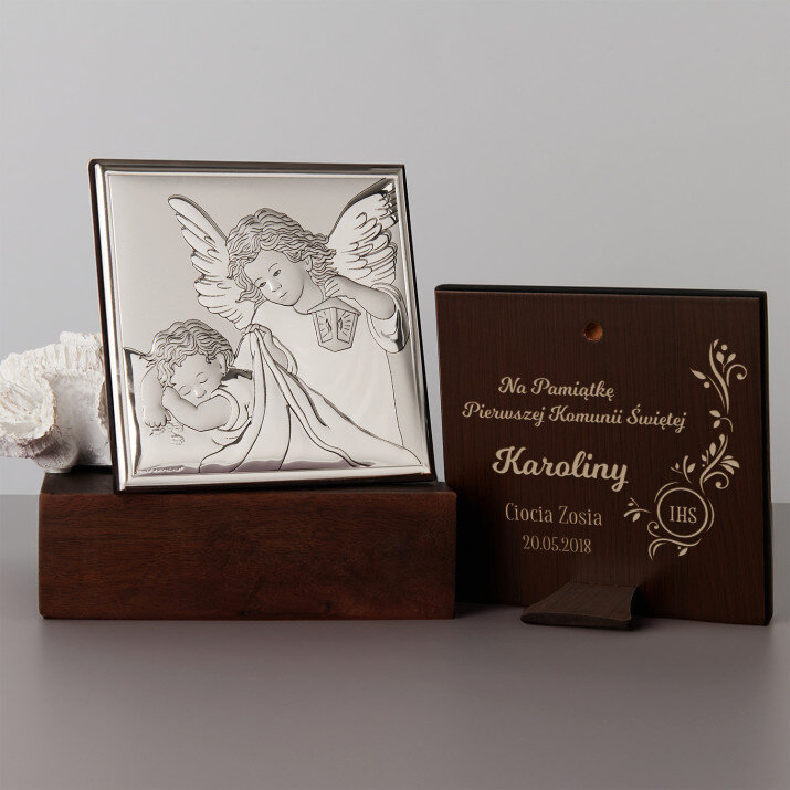 Komunia Święta - Aniołek z latarenką - Srebrny Obrazek z Grawerem