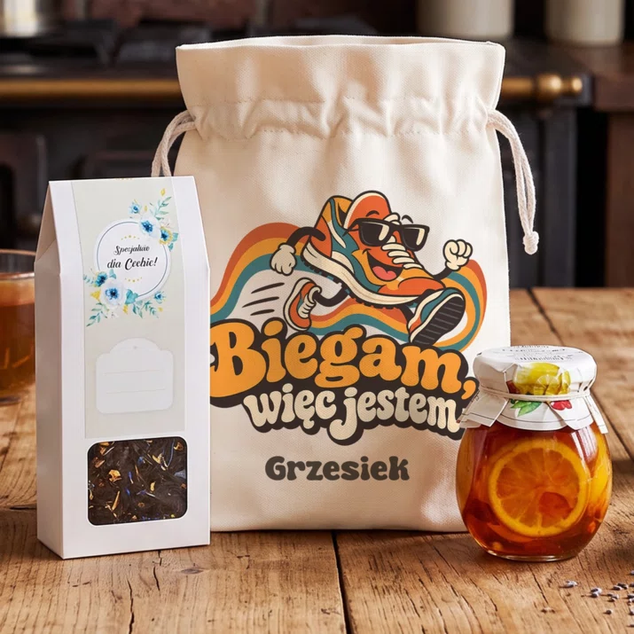 Zestaw Prezentowy z Herbatą Dla Sportowca Prezent Dla Mężczyzny: Biegam, Więc Jestem Zestaw Prezentowy z Herbatą Dla Sportowca Prezent Dla Mężczyzny: Biegam, Więc Jestem