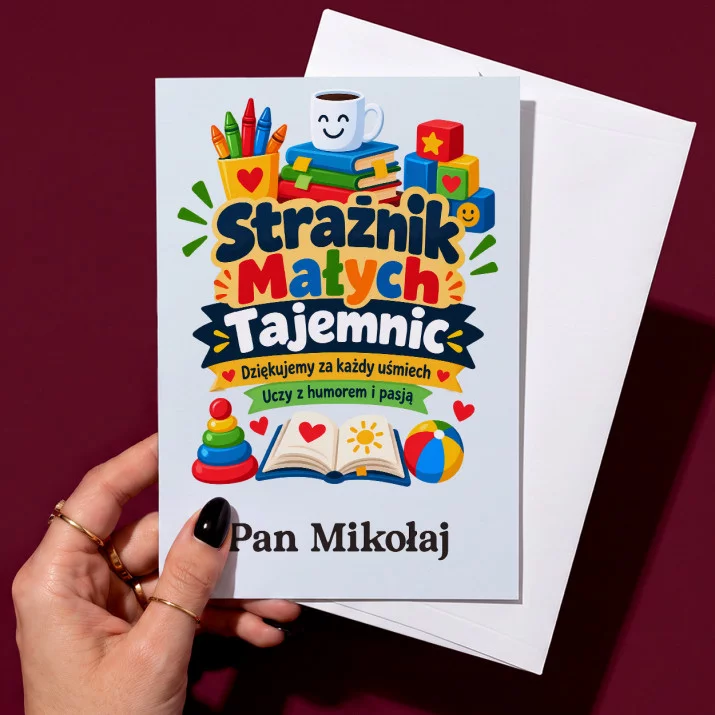 Kartka Personalizowana Na Dzień Nauczyciela Przedszkole Prezent Dla Nauczyciela Mężczyzny: Strażnik Małych Tajemnic Kartka Personalizowana Na Dzień Nauczyciela Przedszkole Prezent Dla Nauczyciela Mężczyzny: Strażnik Małych Tajemnic
