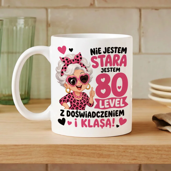 Kubek Z Nadrukiem Na 80 Urodziny Prezent Dla Kobiety: Babcia 80 Level Kubek Z Nadrukiem Na 80 Urodziny Prezent Dla Kobiety: Babcia 80 Level