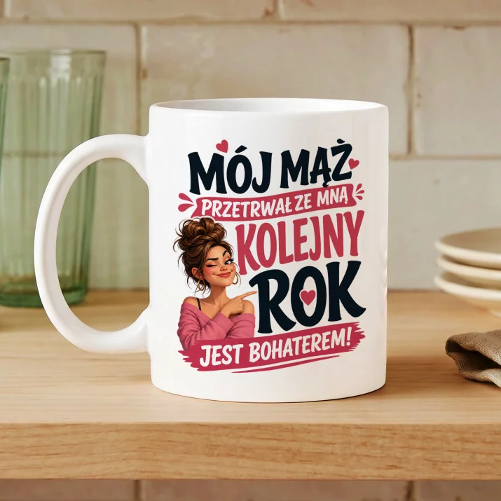 Kubek Z Nadrukiem Na Rocznicę Ślubu Prezent Na Walentynki Dla Kobiety: Mój Mąż Bohater Kubek Z Nadrukiem Na Rocznicę Ślubu Prezent Na Walentynki Dla Kobiety: Mój Mąż Bohater