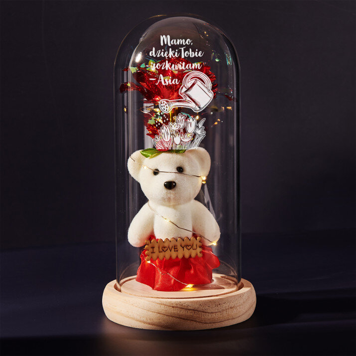 Mamo dzięki tobie rozkwitam - Wieczna róża z misiem Mamo dzięki tobie rozkwitam - Wieczna róża z misiem