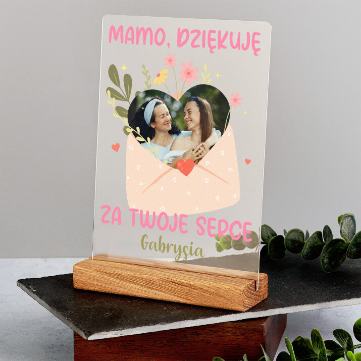 Mamo dziękuję za twoje serce - Wydruk na szkle akrylowym z podstawką