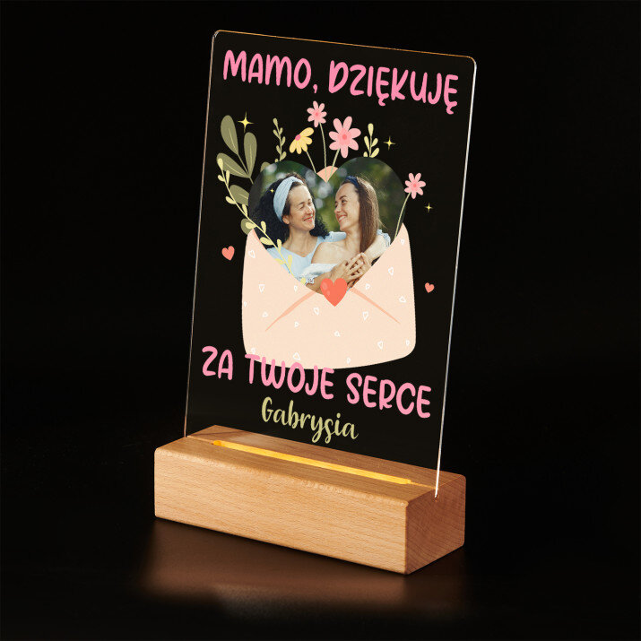 Mamo dziękuję za twoje serce - Wydruk na szkle akrylowym z podstawką led