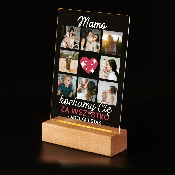 Mamo kochamy Cię za wszystko - Wydruk na szkle akrylowym z podstawką led