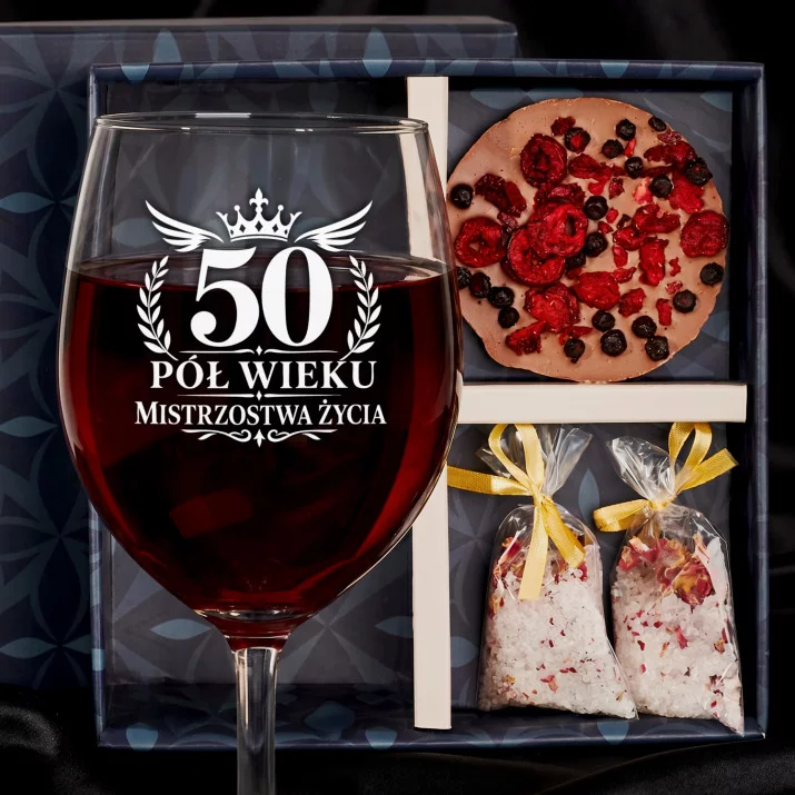 Zestaw Prezenowy Z Kieliszkiem Do Wina Na 50 Urodziny: 50 Pół Wieku Korona