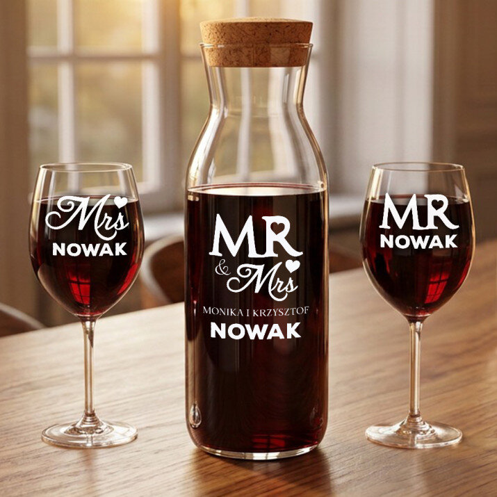 Mr&Mrs - Zestaw grawerowana karafka i dwa kieliszki do wina
