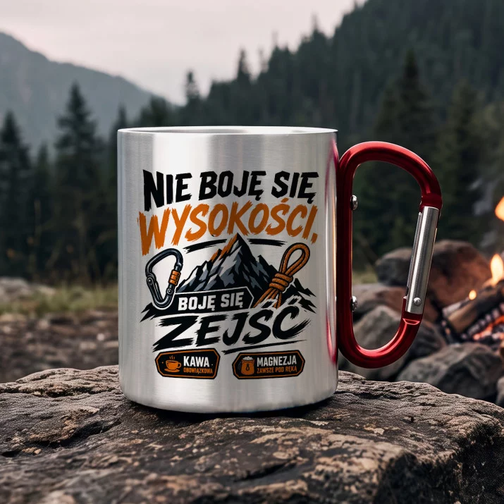 Kubek Metalowy z Karabińczykiem Dla Wspinacza Prezent Dla Mężczyzny: Wspinaczkowy Żart Kubek Metalowy z Karabińczykiem Dla Wspinacza Prezent Dla Mężczyzny: Wspinaczkowy Żart