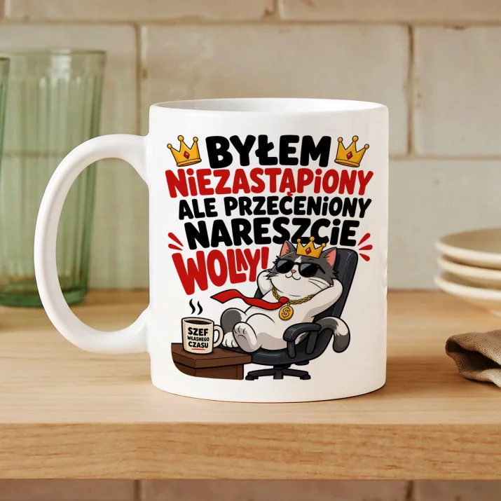 Kubek Z Nadrukiem Na Odejście Z Pracy Prezent Dla Mężczyzny: Nareszcie Wolny Kot Kubek Z Nadrukiem Na Odejście Z Pracy Prezent Dla Mężczyzny: Nareszcie Wolny Kot