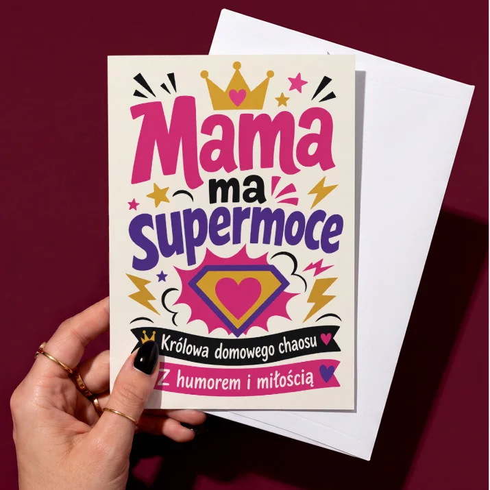 Kartka z Życzeniami Dla Mamy Na Dzień Mamy Dla Kobiety: Mama Superbohaterka Kartka z Życzeniami Dla Mamy Na Dzień Mamy Dla Kobiety: Mama Superbohaterka