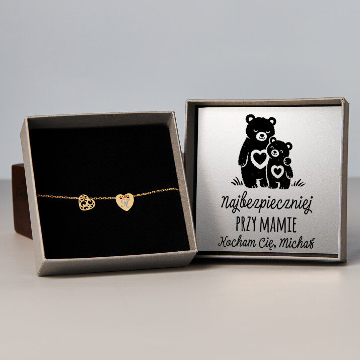 Najbezpieczniej przy mamie - Bransoletka pozłacana dwa serca