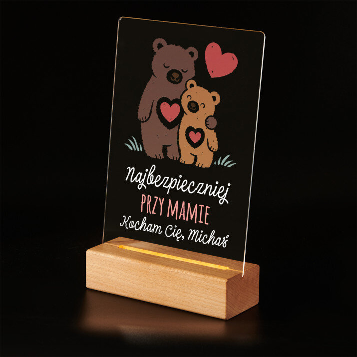 Najbezpieczniej przy mamie - Wydruk na szkle akrylowym z podstawką led