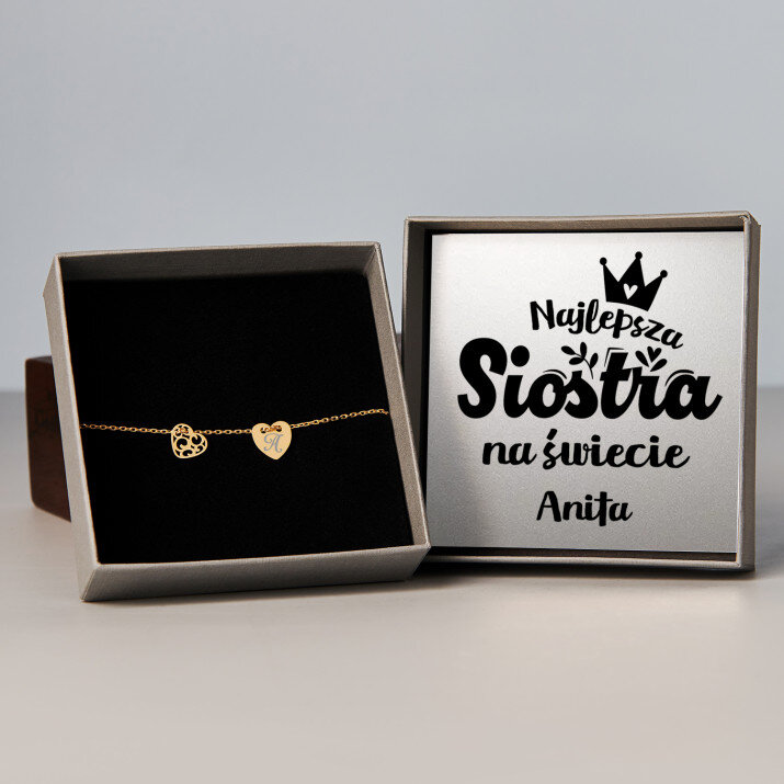 Najlepsza siostra na świecie korona - Bransoletka pozłacana dwa serca