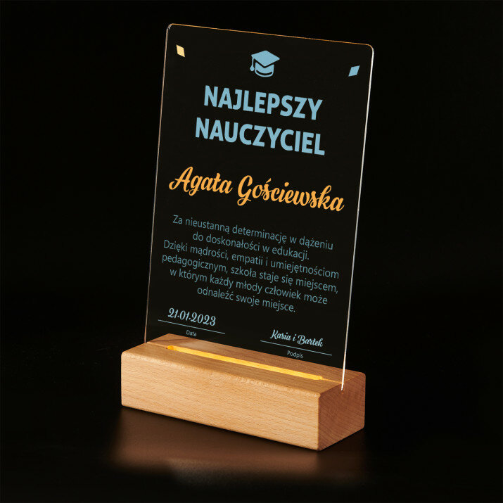Najlepszy nauczyciel - Wydruk na szkle akrylowym z podstawką led