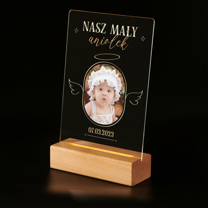 Nasz mały aniołek - Wydruk na szkle akrylowym z podstawką led