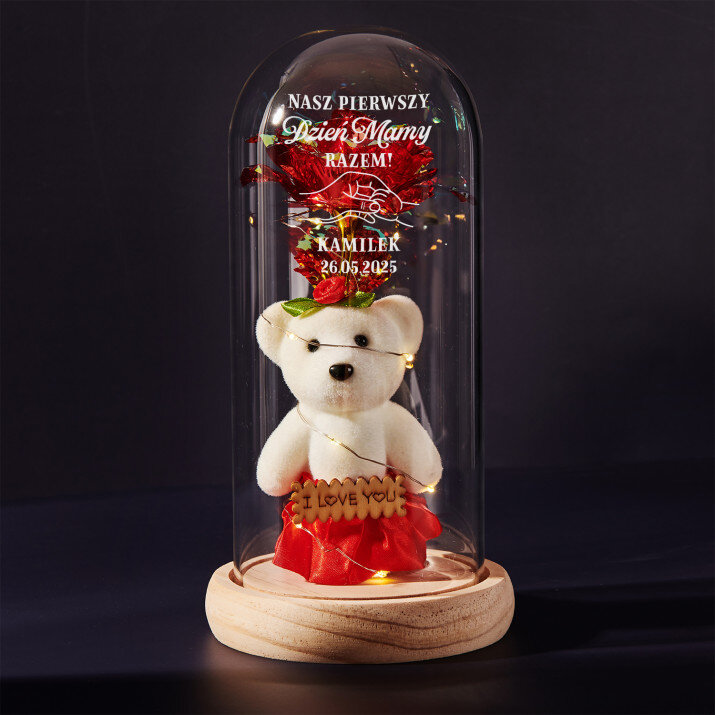 Nasz pierwszy dzień mamy razem - Wieczna róża z misiem Nasz pierwszy dzień mamy razem - Wieczna róża z misiem