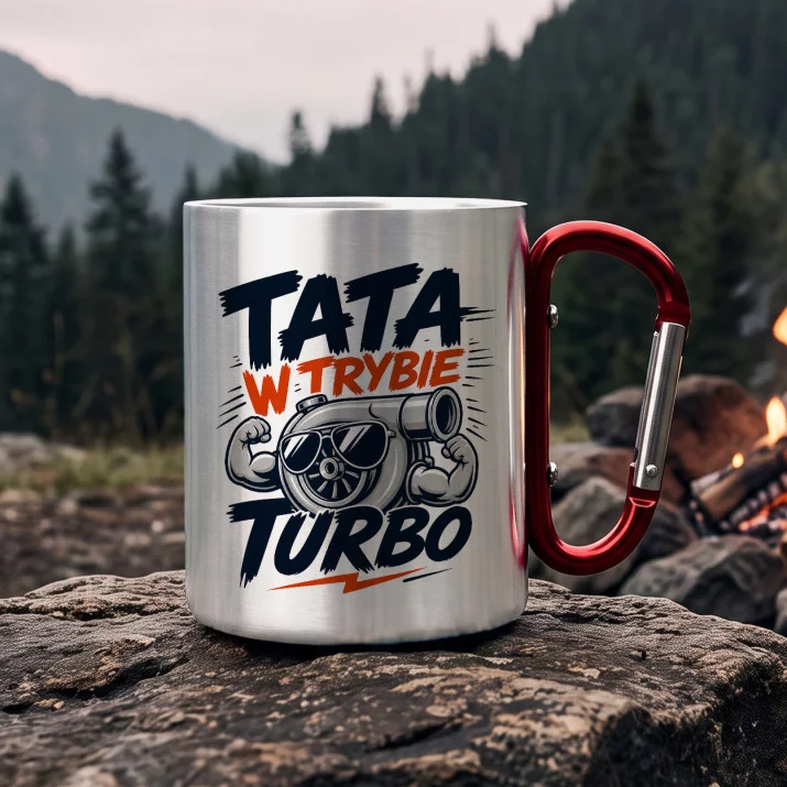 Kubek Metalowy z Karabińczykiem Na Dzień Ojca Prezent Dla Taty Mężczyzny: Tryb Turbo Kubek Metalowy z Karabińczykiem Na Dzień Ojca Prezent Dla Taty Mężczyzny: Tryb Turbo
