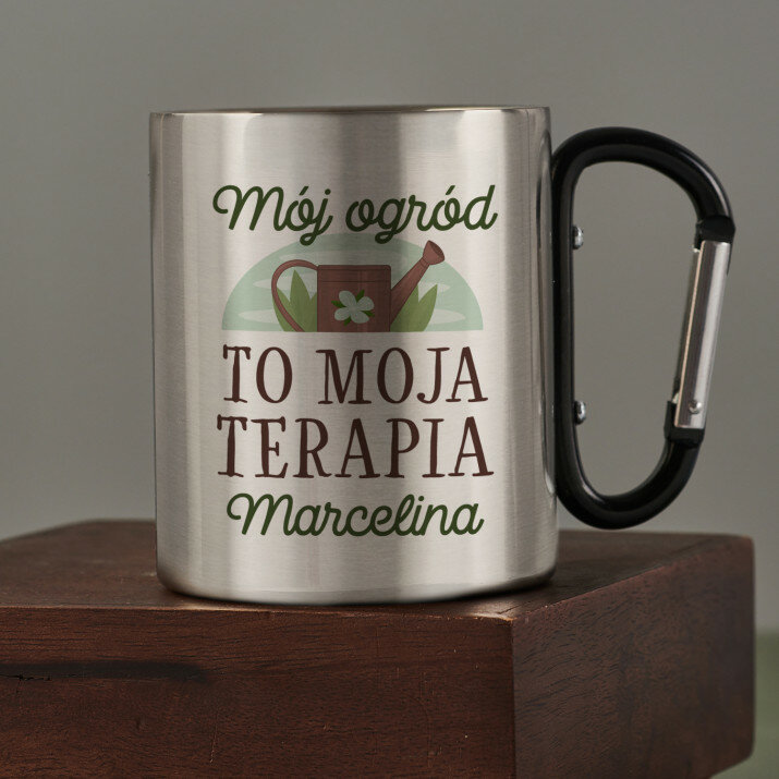 Ogród to moja terapia - Kubek metalowy z karabińczykiem