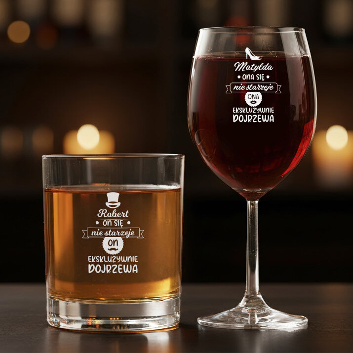 Oni się nie starzeją - Zestaw kieliszek do wina i szklanka do whisky