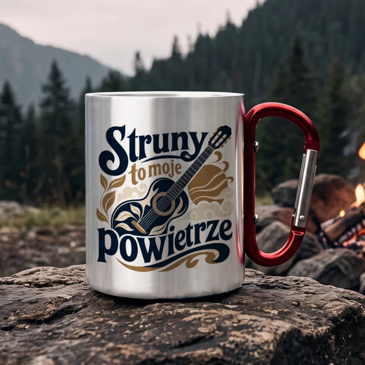 Kubek Metalowy z Karabińczykiem Dla Gitarzysty Prezent Dla Mężczyzny: Retro Gitarowy Kolaż Kubek Metalowy z Karabińczykiem Dla Gitarzysty Prezent Dla Mężczyzny: Retro Gitarowy Kolaż