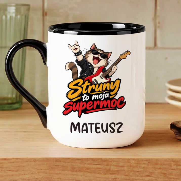 Kubek Personalizowany Dla Gitarzysty Prezent Dla Mężczyzny: Struny To Moja Supermoc Kubek Personalizowany Dla Gitarzysty Prezent Dla Mężczyzny: Struny To Moja Supermoc