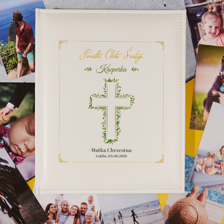 Pamiątka Chrztu listki - Personalizowany Album na zdjęcia