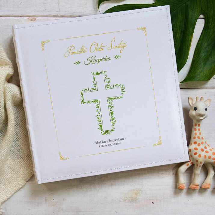 Pamiątka Chrztu listki - Personalizowany Album na zdjęcia