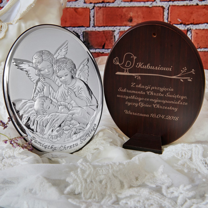 Sakrament chrztu - Anioł stróż - Srebrny Obrazek z Grawerem