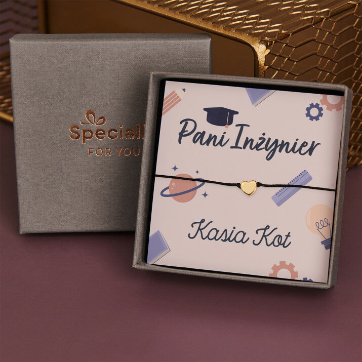Pani inżynier - Bransoletka na sznurku z pozłacanym sercem