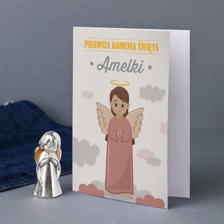Pierwsza komunia święta dziewczynka - Zestaw srebrny aniołek i kartka