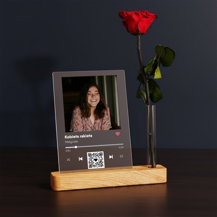 Piosenka spotify z kodem qr dla niej - Wydruk na szkle akrylowym z różą