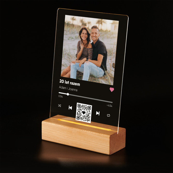 Piosenka spotify z kodem QR na rocznicę - Wydruk na szkle akrylowym z podstawką led