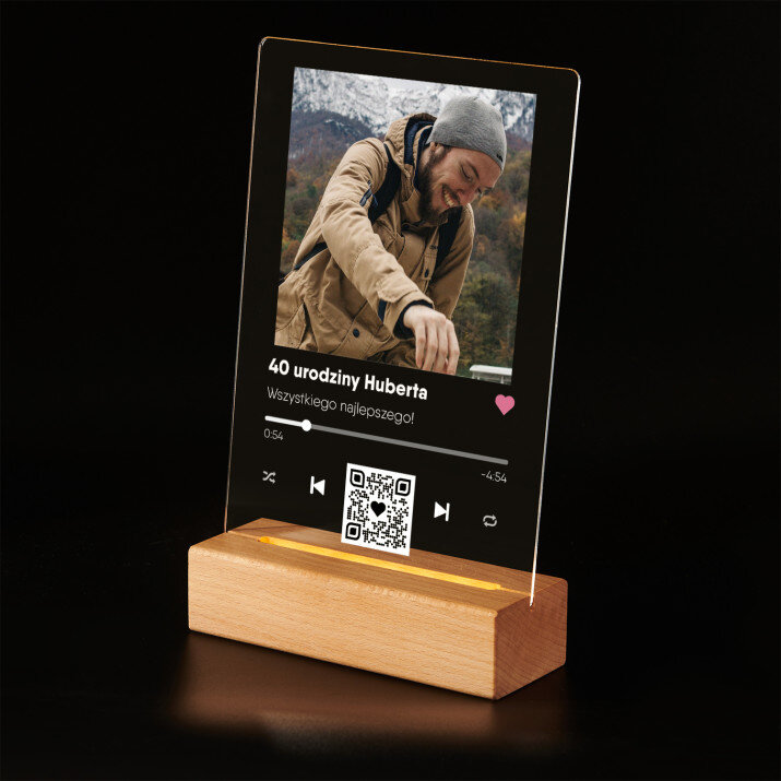Piosenka spotify z kodem QR na urodziny - Wydruk na szkle akrylowym z podstawką led
