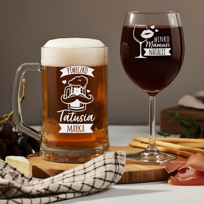 Piweczko tatusia i winko mamusi - Zestaw kufel i kieliszek do wina