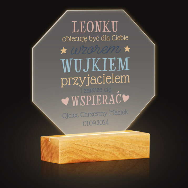 Prezent dla chrześniaka - Wydruk na szkle akrylowym led ośmiokąt