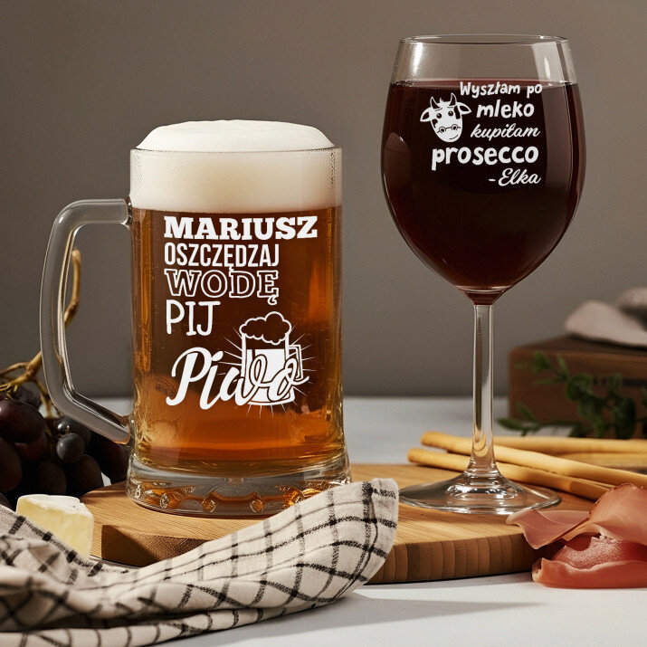 Prosecco i piwo - Zestaw kufel i kieliszek do wina