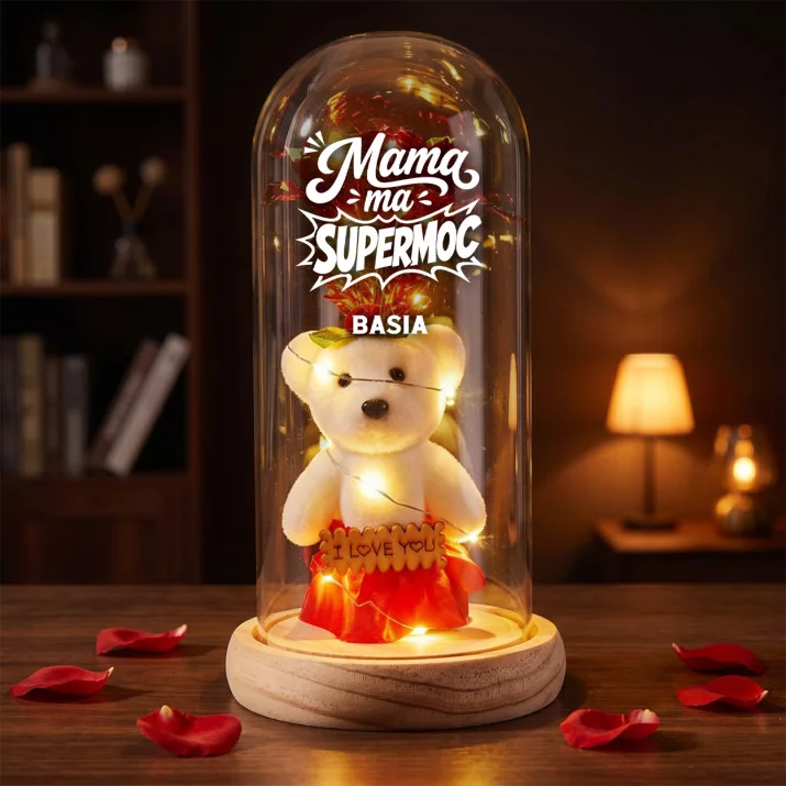 Wieczna Róża z Misiem Na Dzień Matki Prezent Dla Mamy Kobiety: Mama Ma Supermoc