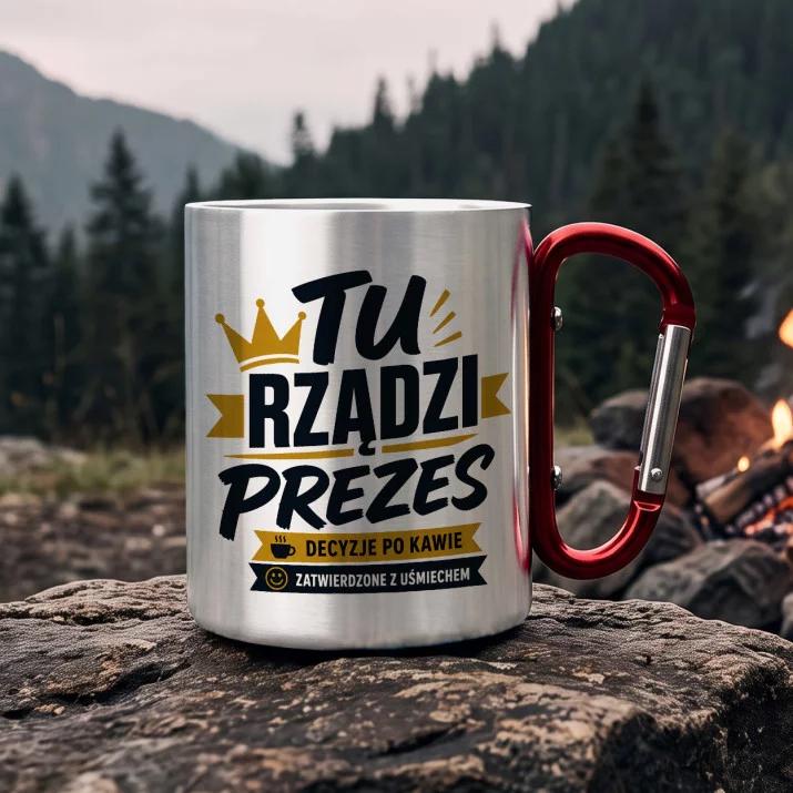 Kubek Metalowy z Karabińczykiem Dla Prezesa Prezent Dla Mężczyzny: Prezes Z Humorem Kubek Metalowy z Karabińczykiem Dla Prezesa Prezent Dla Mężczyzny: Prezes Z Humorem