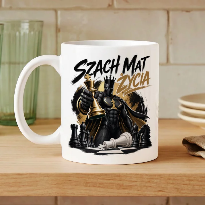 Kubek Z Nadrukiem Dla Szachisty Prezent Dla Mężczyzny: Szach-Mat Życia Superbohater Kubek Z Nadrukiem Dla Szachisty Prezent Dla Mężczyzny: Szach-Mat Życia Superbohater