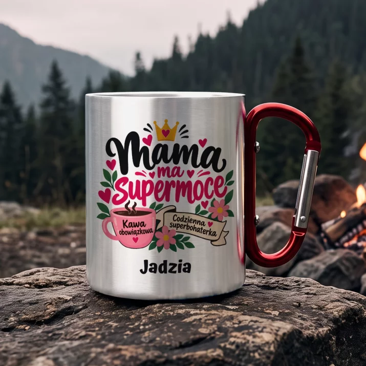 Kubek Metalowy z Karabińczykiem Dla Mamy Prezent Na Dzień Mamy Dla Kobiety: Mama Ma Supermoce