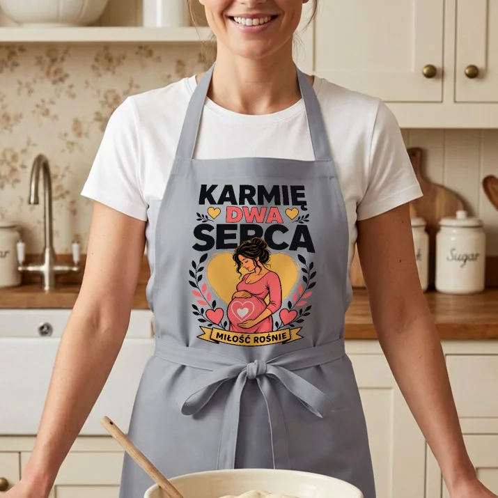Fartuch Dla Kobiety W Ciąży Prezent Na Dzień Mamy Dla Kobiety: Karmię Dwa Serca -