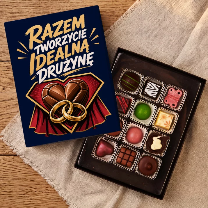 Czekoladki Dla Młodej Pary Prezent Na Ślub : Razem Idealna Drużyna Czekoladki Dla Młodej Pary Prezent Na Ślub : Razem Idealna Drużyna
