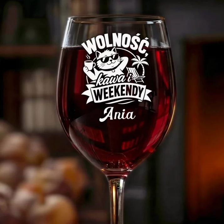 Kieliszek Do Wina z Grawerem Na Pożegnanie W Pracy Prezent Dla Kobiety: Wolność, Kawa I Weekendy