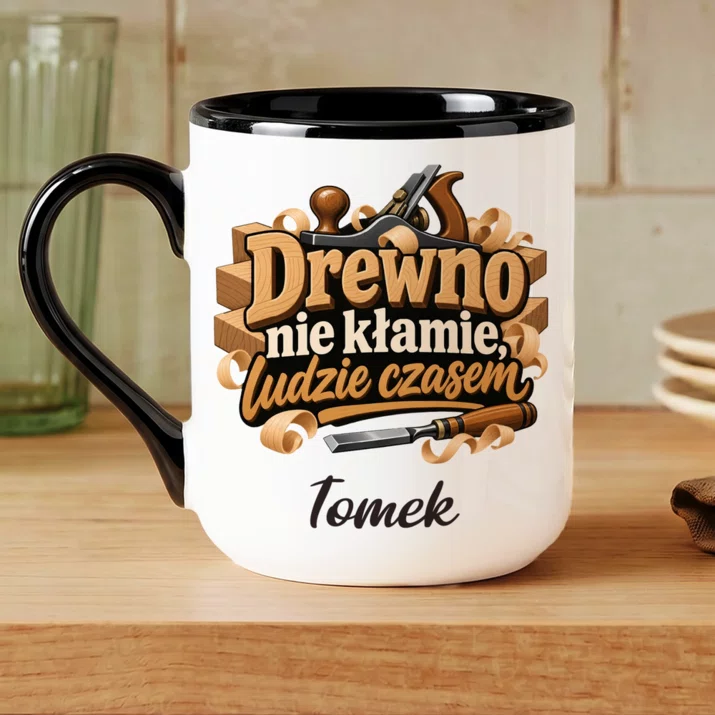 Kubek Personalizowany Dla Stolarza Prezent Dla Mężczyzny: Drewno Nie Kłamie, Ludzie Kubek Personalizowany Dla Stolarza Prezent Dla Mężczyzny: Drewno Nie Kłamie, Ludzie