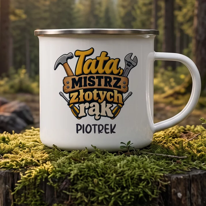 Kubek Emaliowany Na Dzień Taty Prezent Dla Taty Mężczyzny: Tata, Mistrz Złotych Rąk Kubek Emaliowany Na Dzień Taty Prezent Dla Taty Mężczyzny: Tata, Mistrz Złotych Rąk