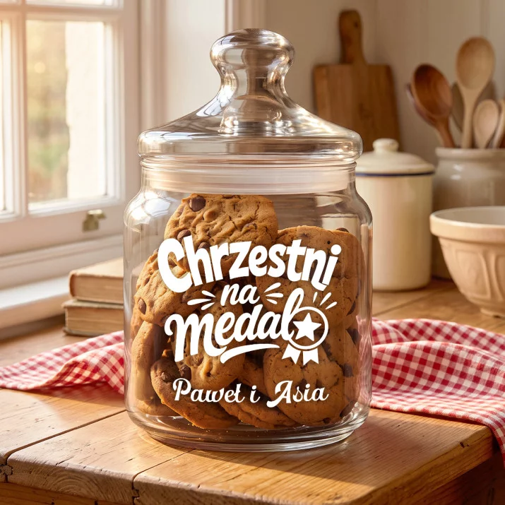 Słoik Na Ciastka z Grawerem Dla Chrzestnych Prezent Dla Pary: Chrzestni Na Medal Słoik Na Ciastka z Grawerem Dla Chrzestnych Prezent Dla Pary: Chrzestni Na Medal