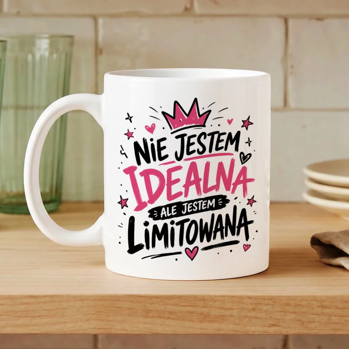 Kubek Z Nadrukiem Dla Młodej Kobiety Prezent Dla Kobiety: Nie Jestem Idealna Kubek Z Nadrukiem Dla Młodej Kobiety Prezent Dla Kobiety: Nie Jestem Idealna